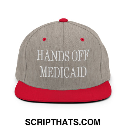 Hands Off Medicaid Embroidered Flat Bill Brim Snapback Hat Heather Grey Red