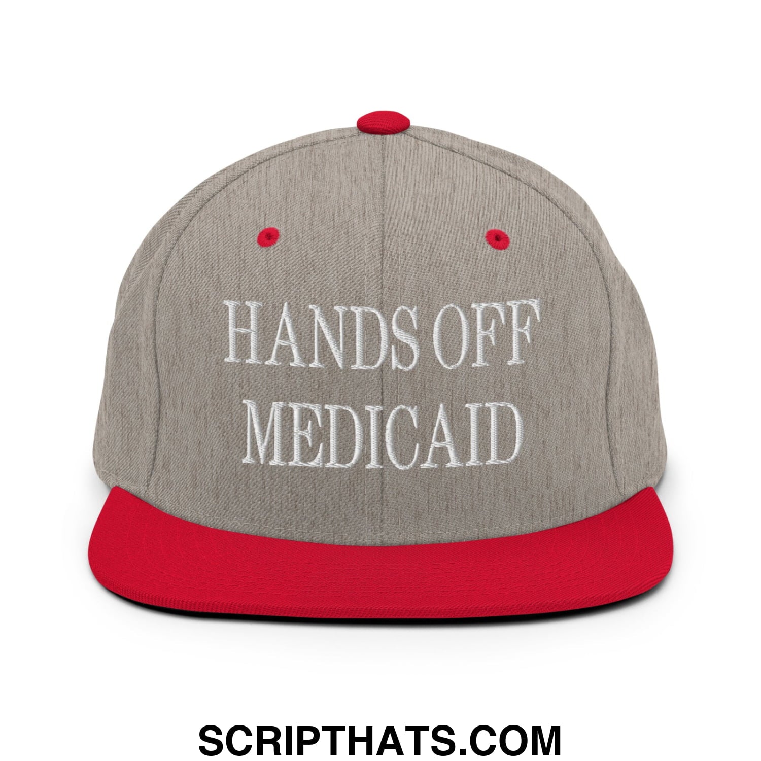Hands Off Medicaid Embroidered Flat Bill Brim Snapback Hat Heather Grey Red