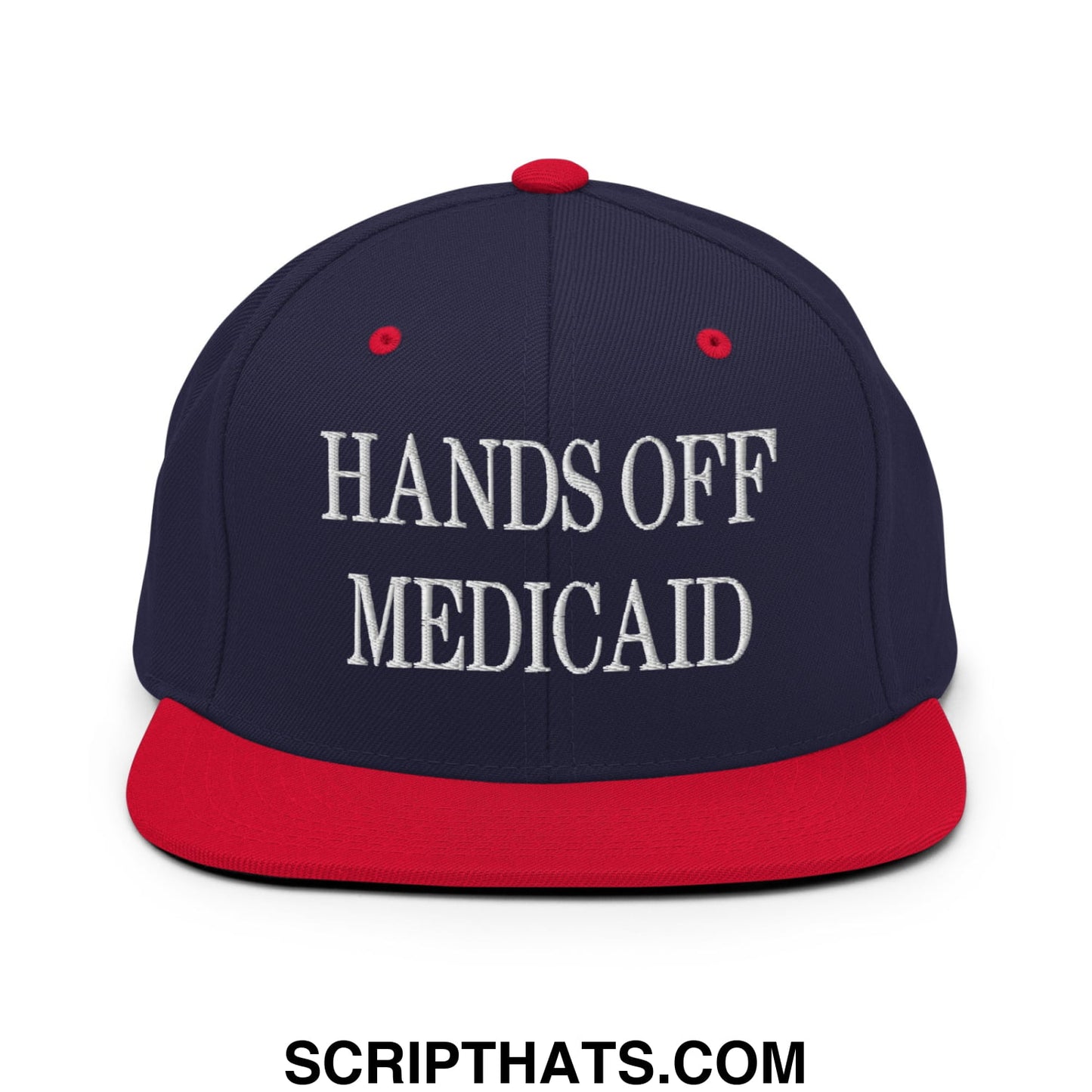Hands Off Medicaid Embroidered Flat Bill Brim Snapback Hat Navy Red