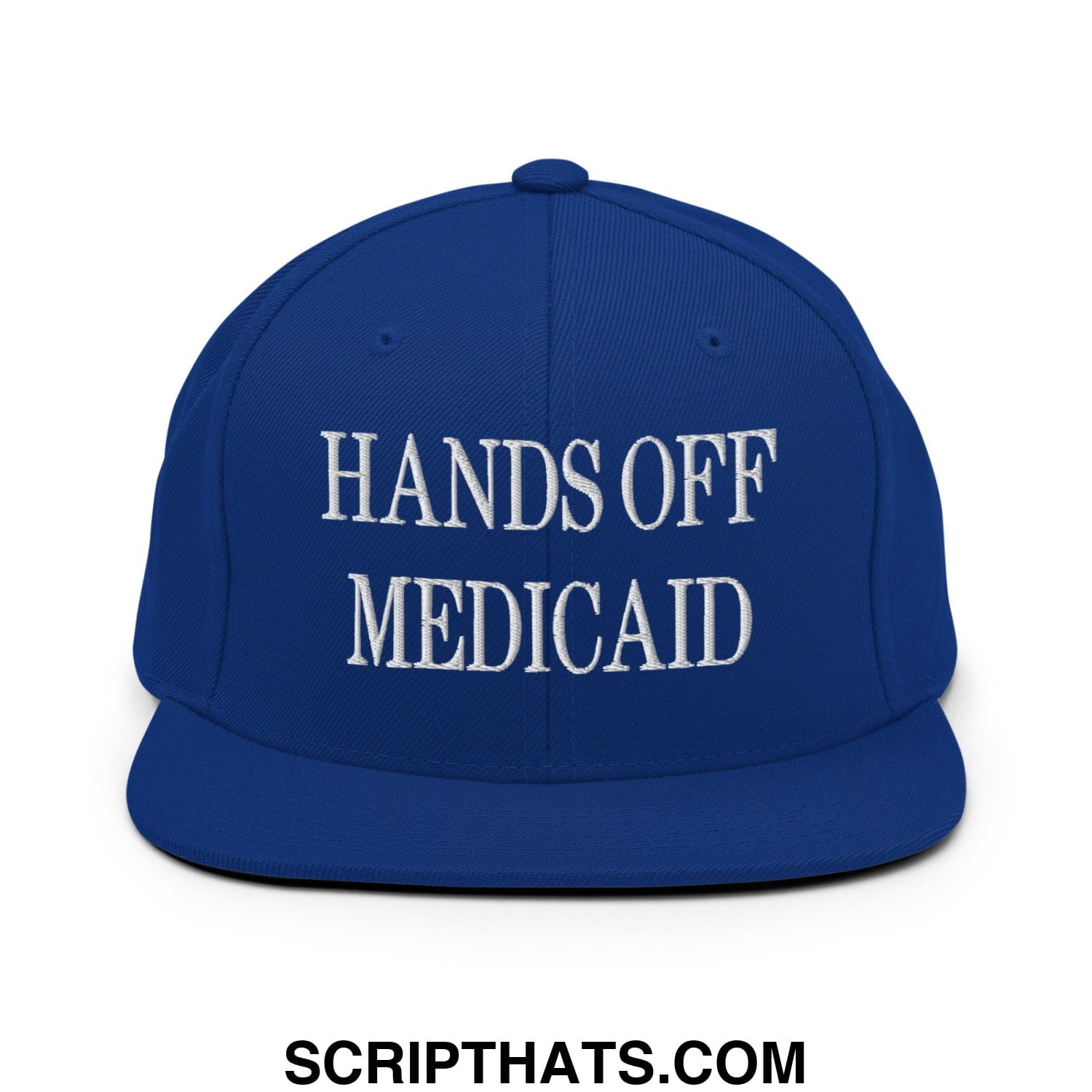 Hands Off Medicaid Embroidered Flat Bill Brim Snapback Hat Royal Blue