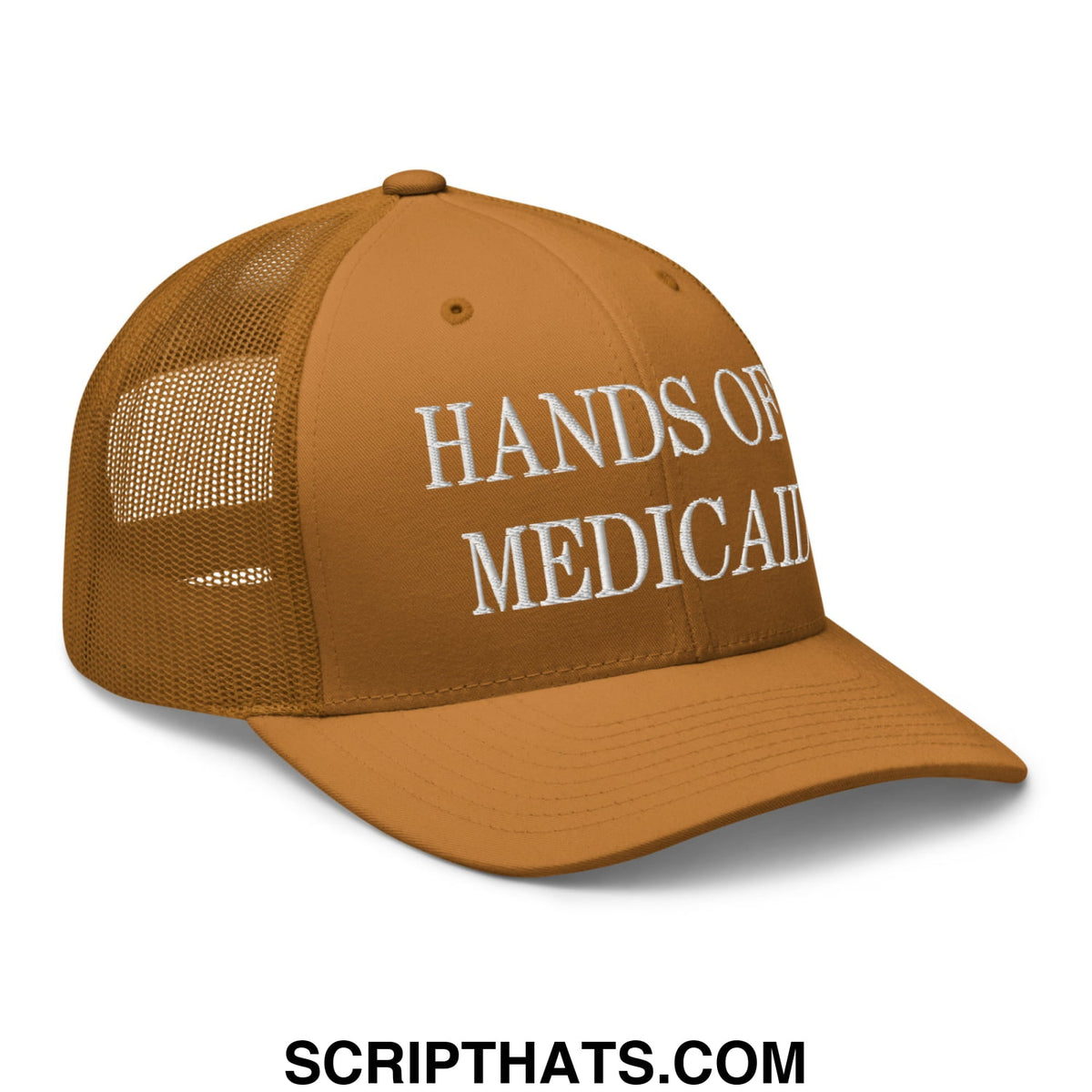 Tan mesh trucker hat with white embroidered hands of medical text on front in hands off medicaid style design