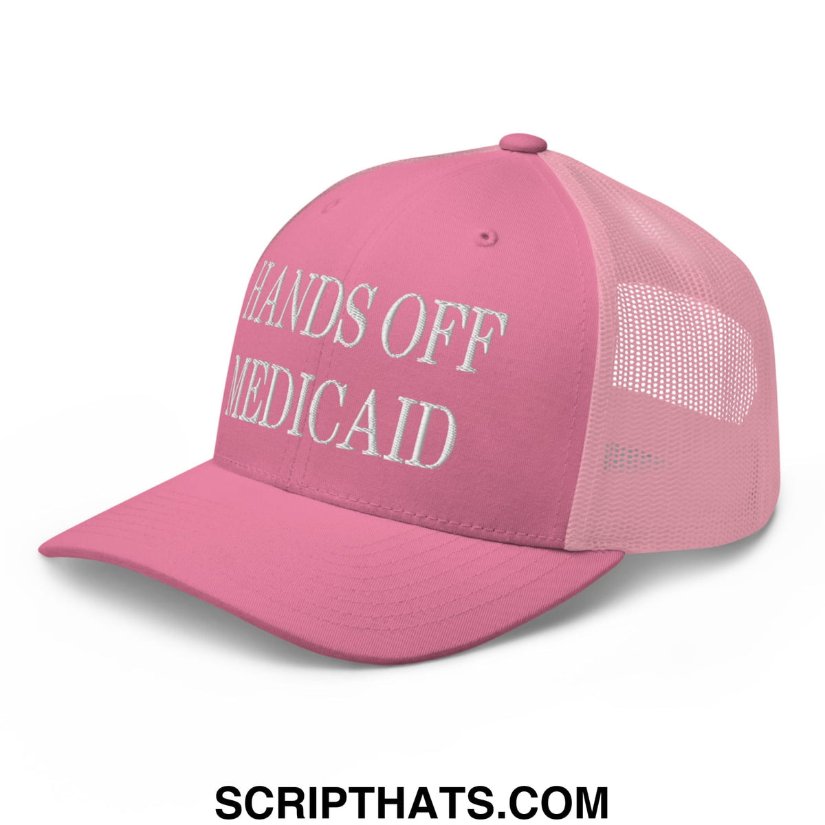 Pink mesh trucker hat with white embroidered hands off medicaid text on front panel for advocacy use