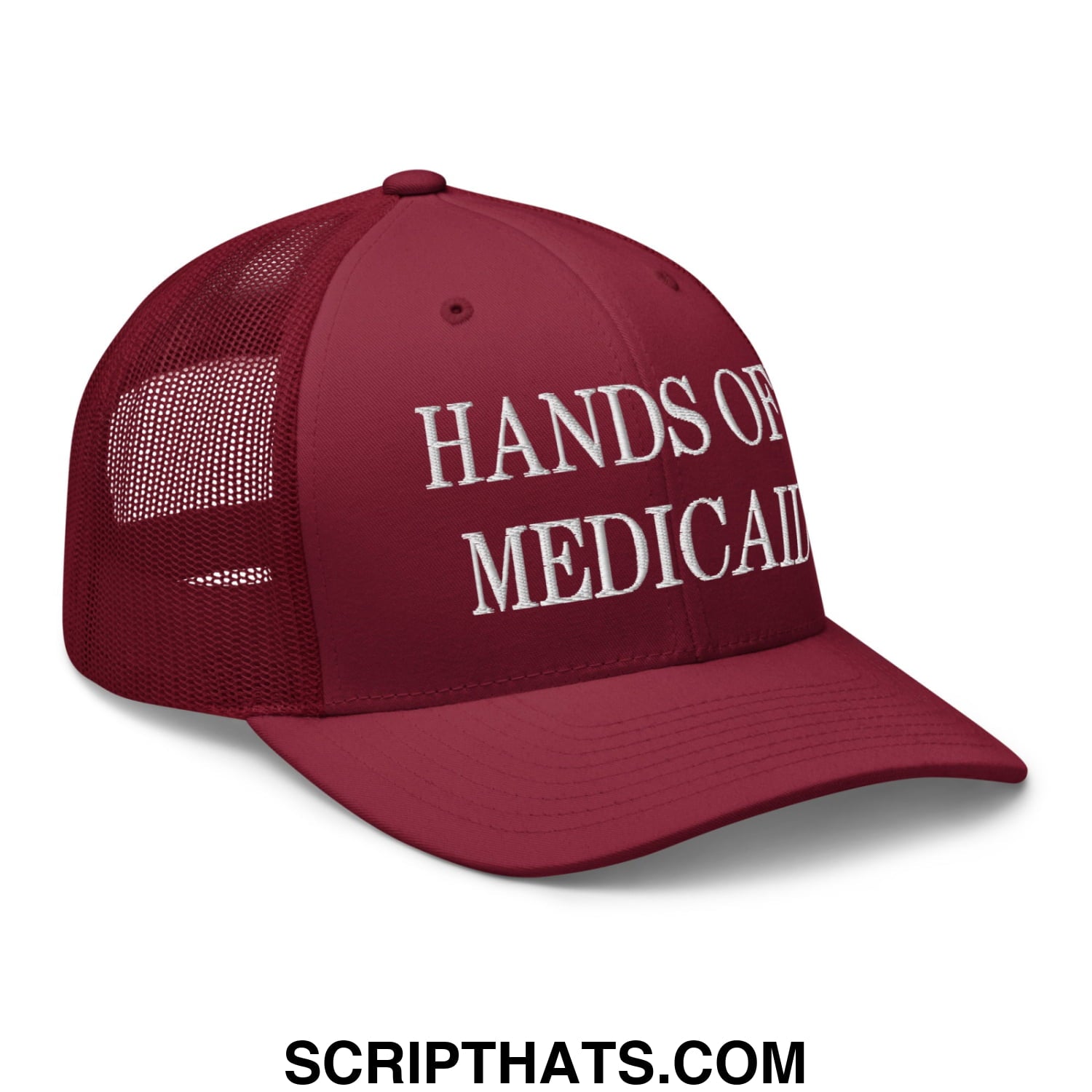 Maroon mesh trucker hat with white embroidered hands of medical text front hands off medicaid design