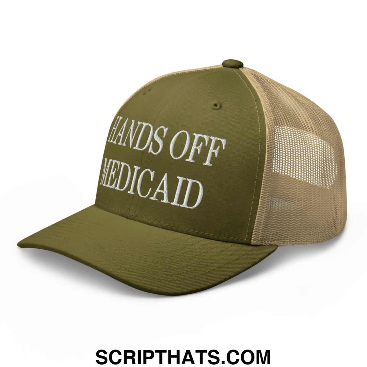 Olive green and tan mesh trucker hat with white embroidered hands off medicaid text front panel