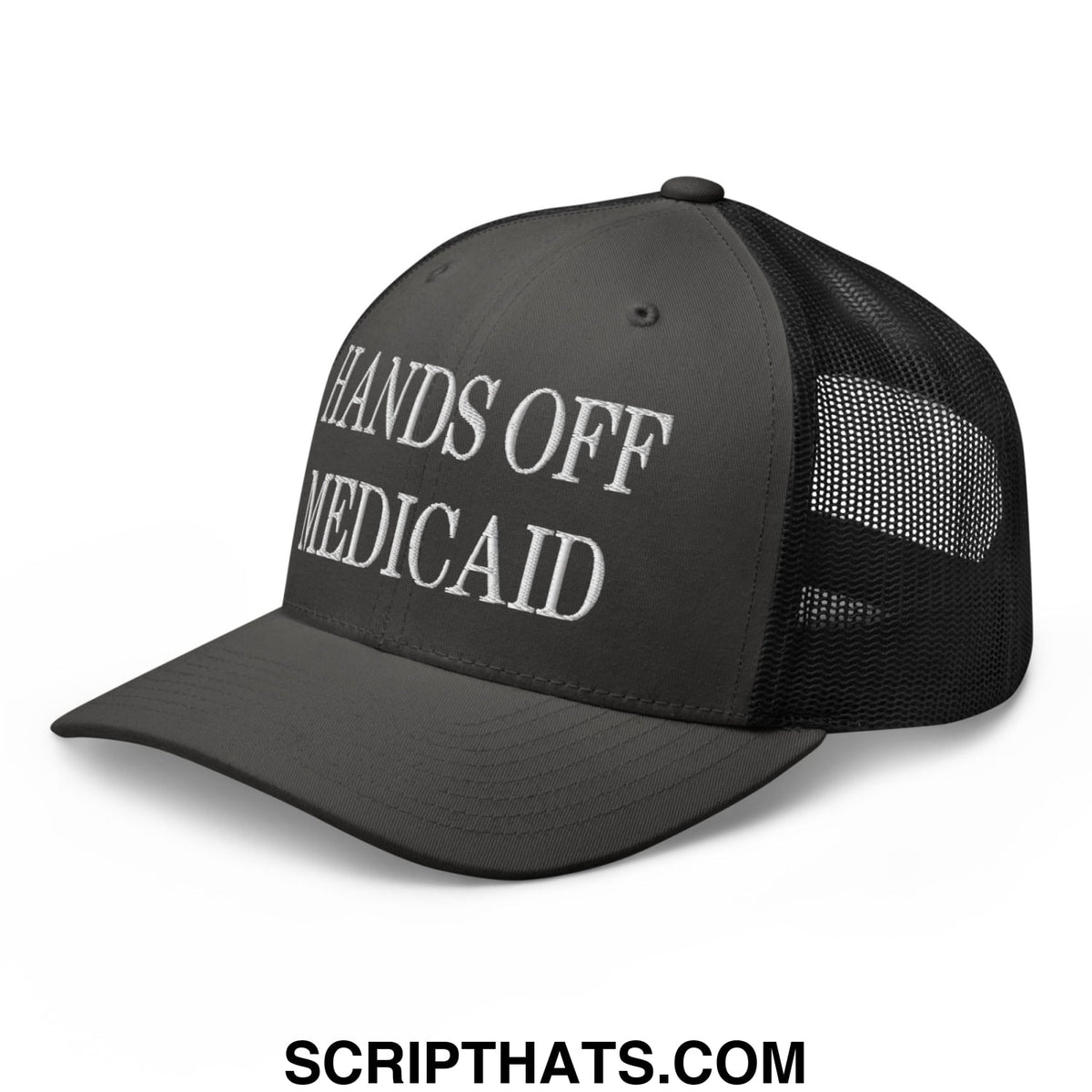 Black mesh trucker hat with white embroidered hands off medicaid text on front panel for advocacy use