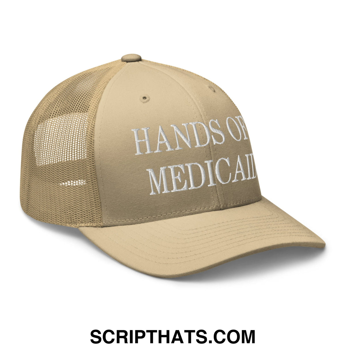 Beige mesh trucker hat with white embroidered text reading hands of medical on the front panel
