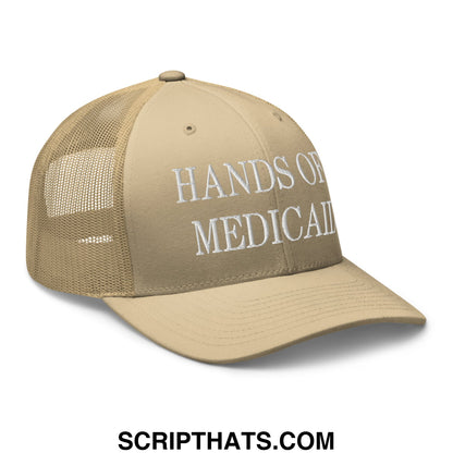 Beige mesh trucker hat with white embroidered text reading hands of medical on the front panel