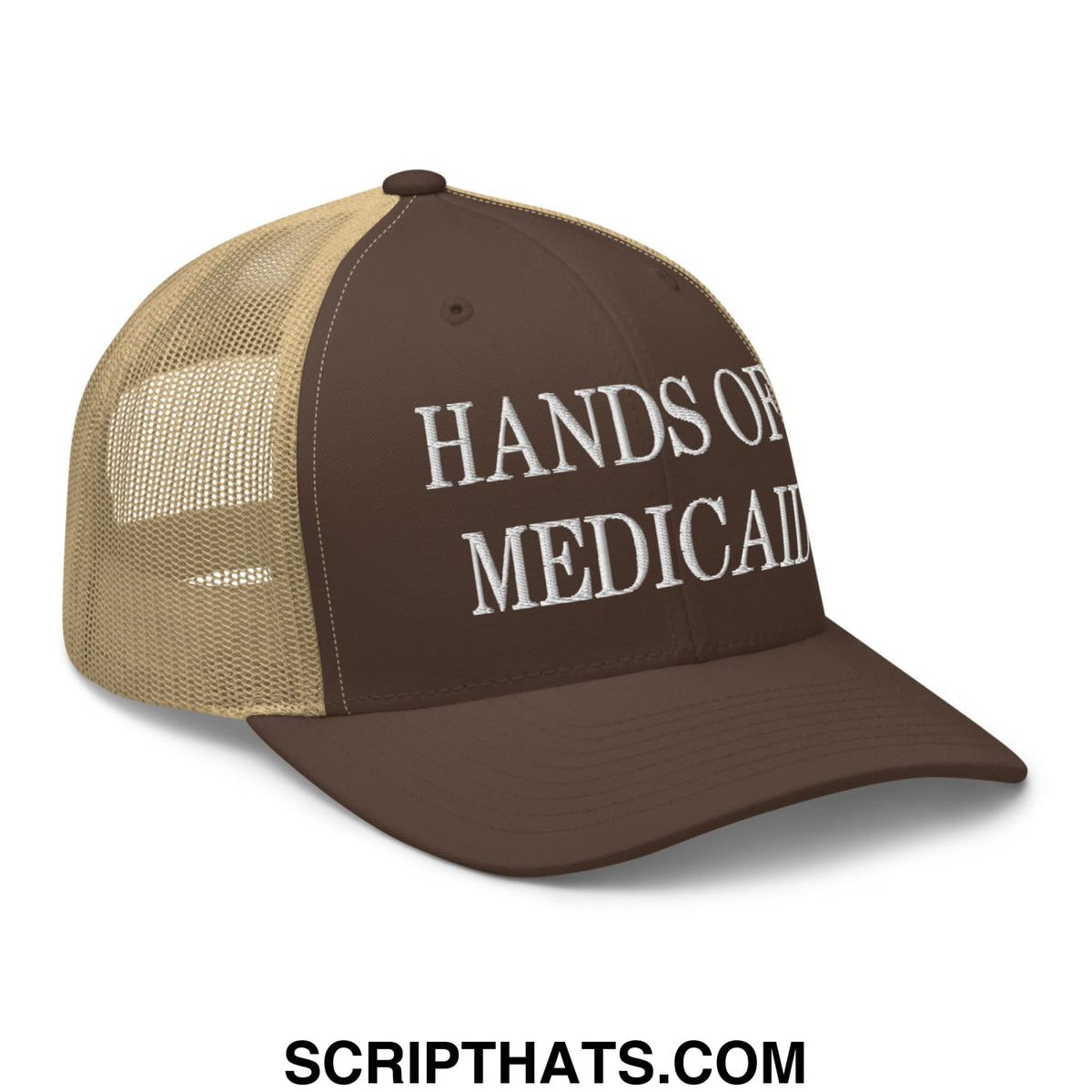 Brown and tan mesh trucker hat with white embroidered hands of medical text in hands off medicaid design