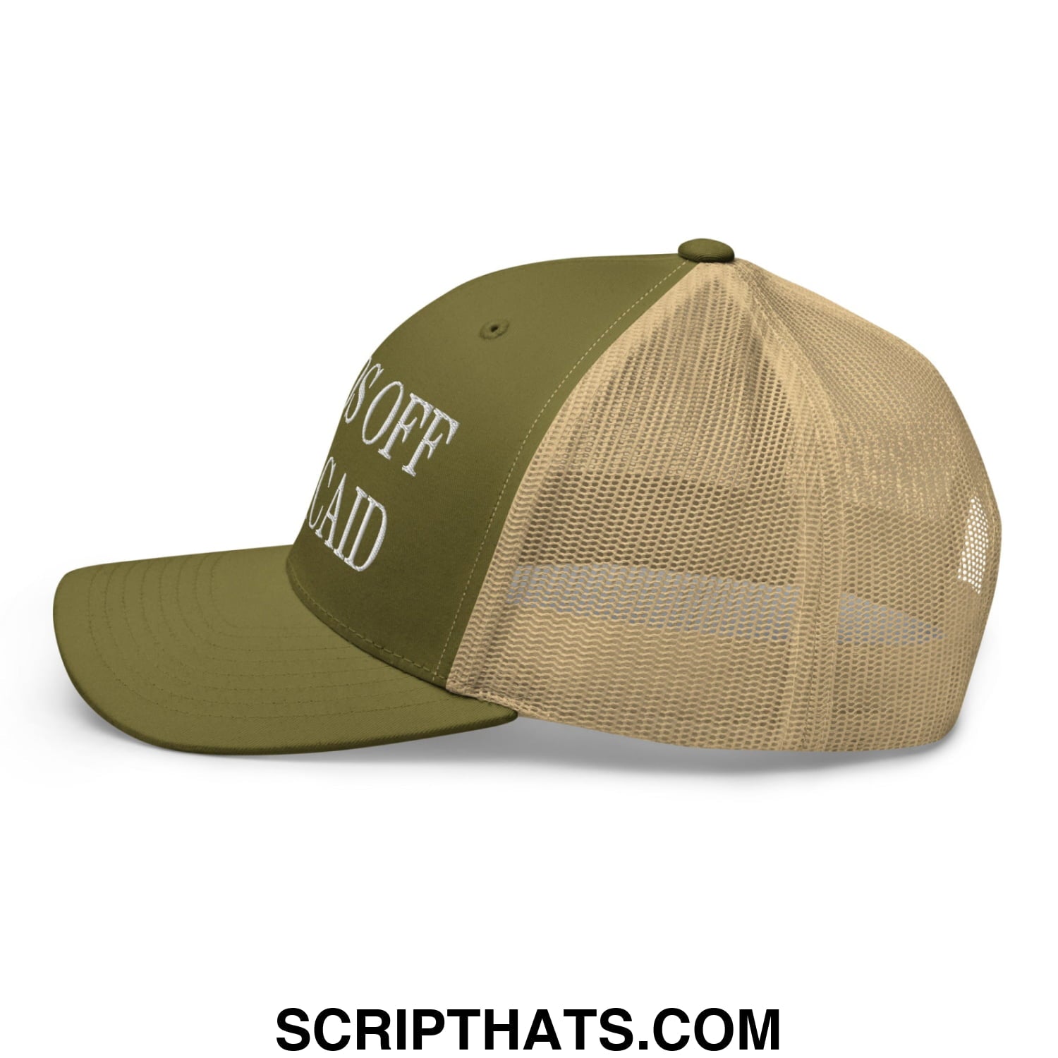 Olive green and tan mesh trucker hat with hands off medicaid white embroidered text on front panel