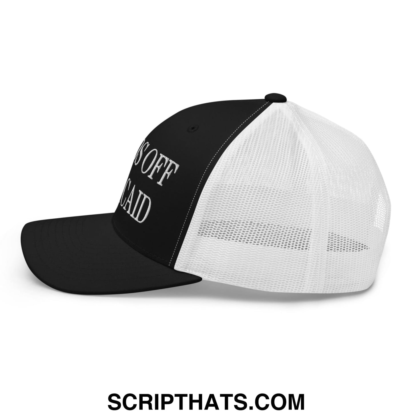 Black and white mesh trucker hat with hands off medicaid embroidered text on the front panel
