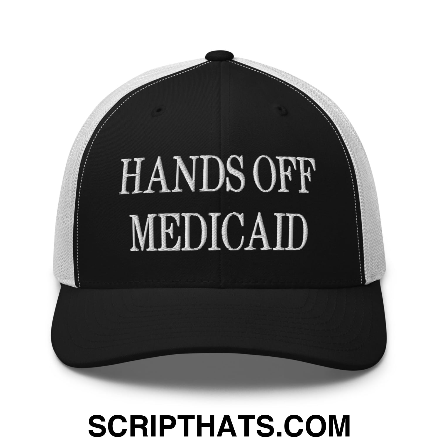 Hands Off Medicaid Embroidered Mesh Trucker Hat Black White