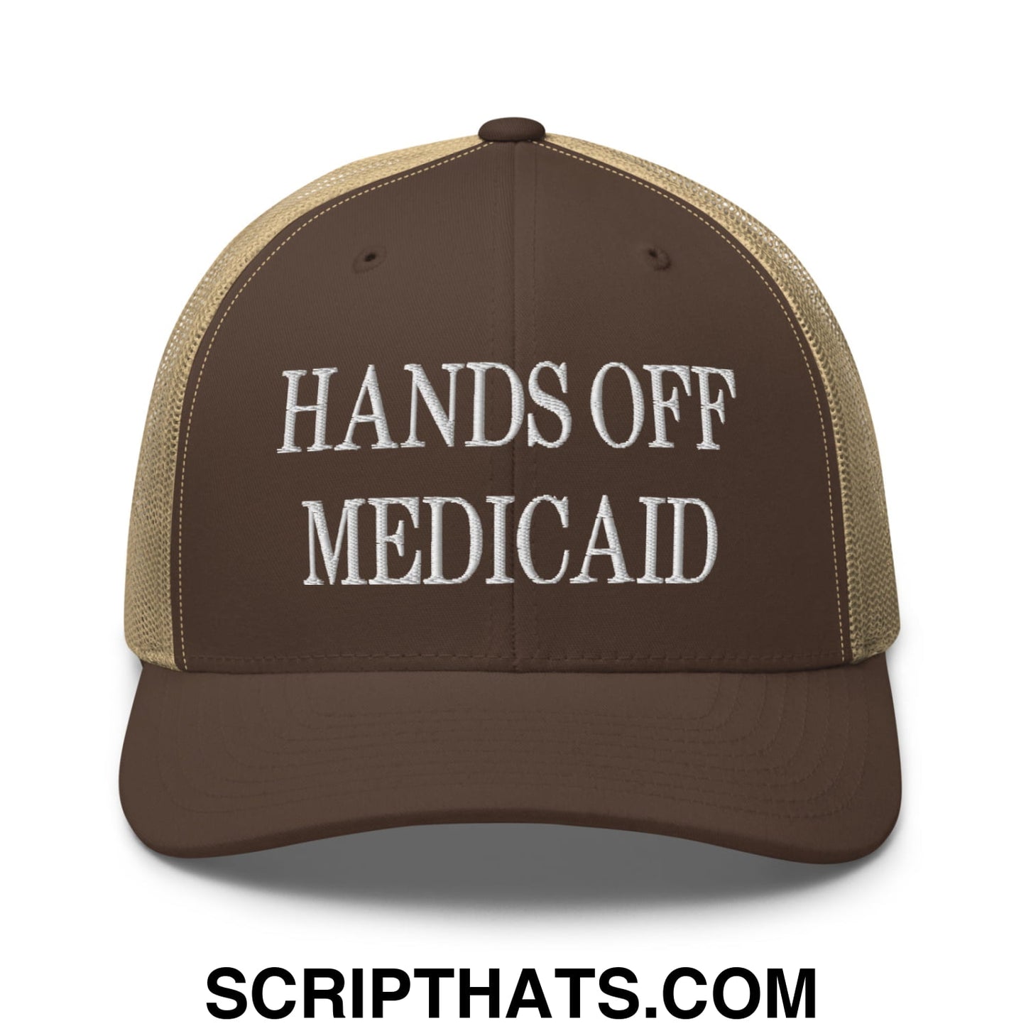 Hands Off Medicaid Embroidered Mesh Trucker Hat Brown Khaki