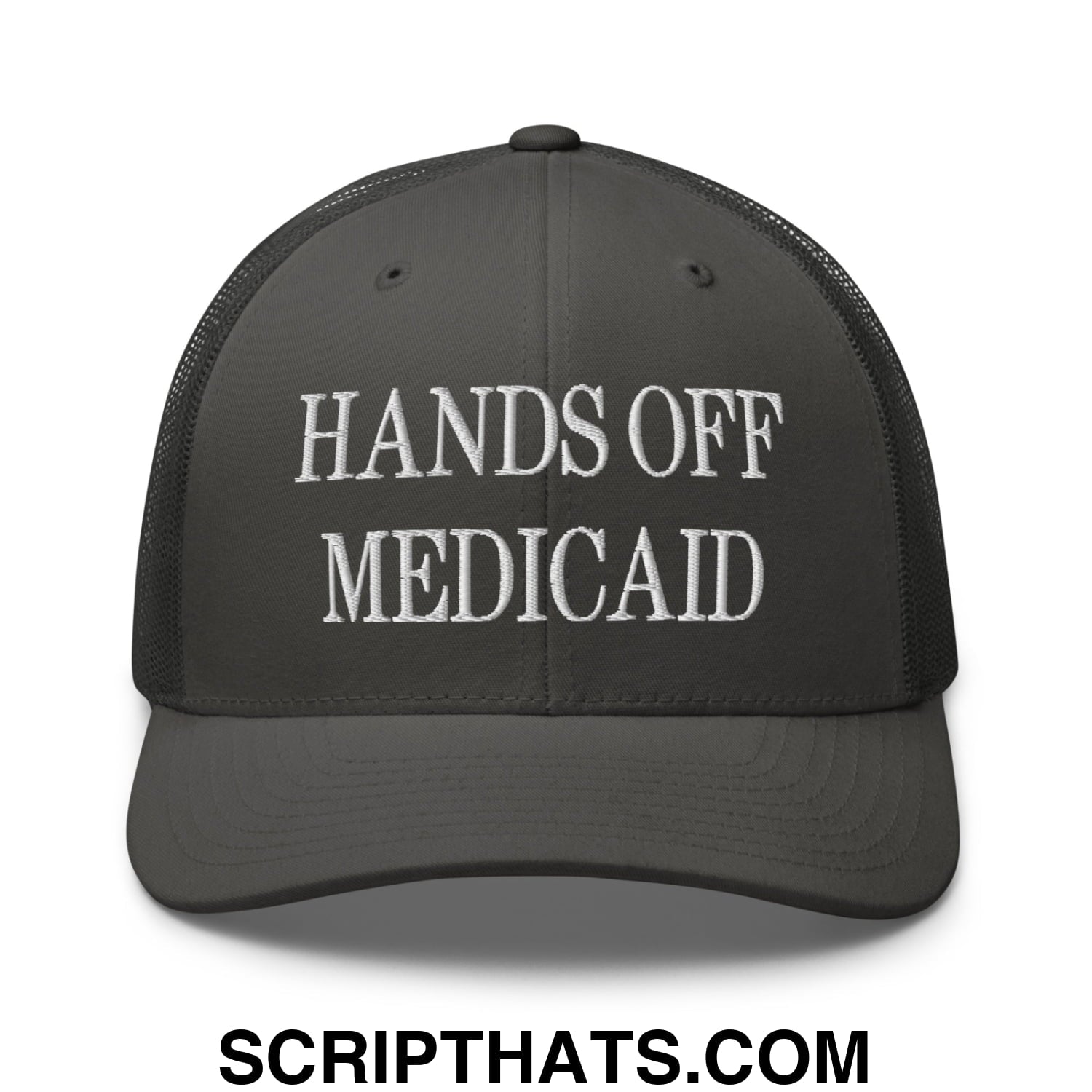 Hands Off Medicaid Embroidered Mesh Trucker Hat Charcoal