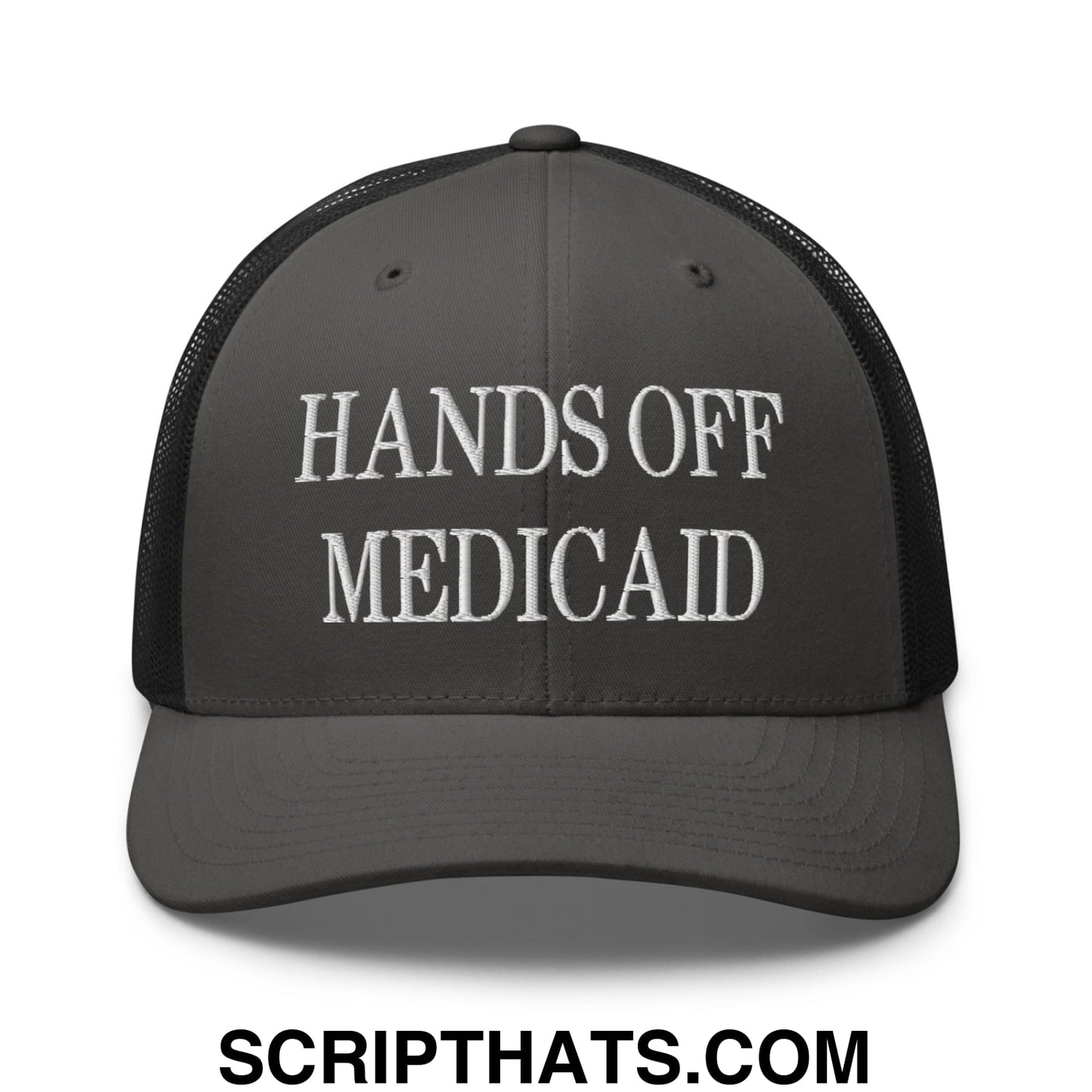 Hands Off Medicaid Embroidered Mesh Trucker Hat Charcoal Black
