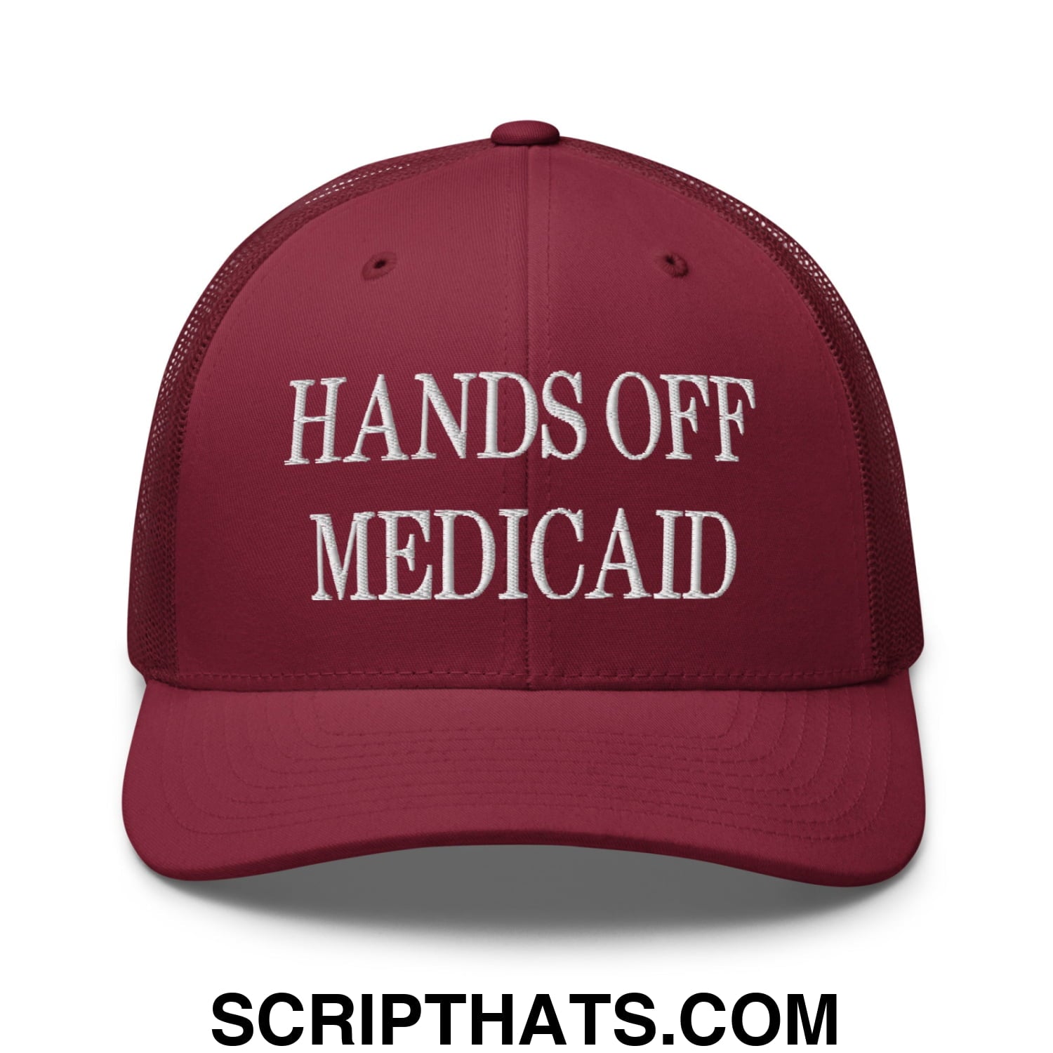 Hands Off Medicaid Embroidered Mesh Trucker Hat Cranberry