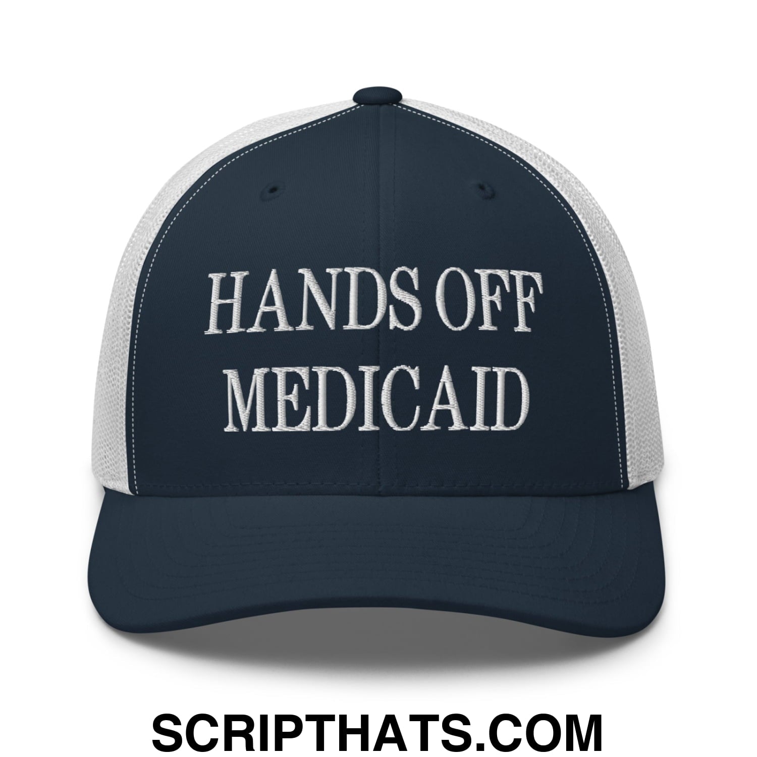 Hands Off Medicaid Embroidered Mesh Trucker Hat Navy White