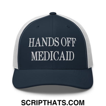 Hands Off Medicaid Embroidered Mesh Trucker Hat Navy White