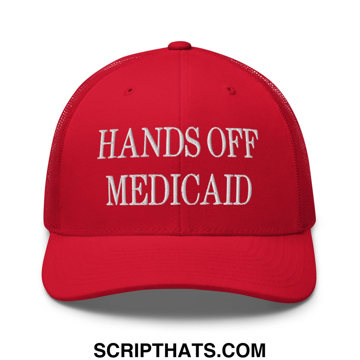 Red mesh trucker hat with white embroidered hands off medicaid text on front panel for advocacy wear