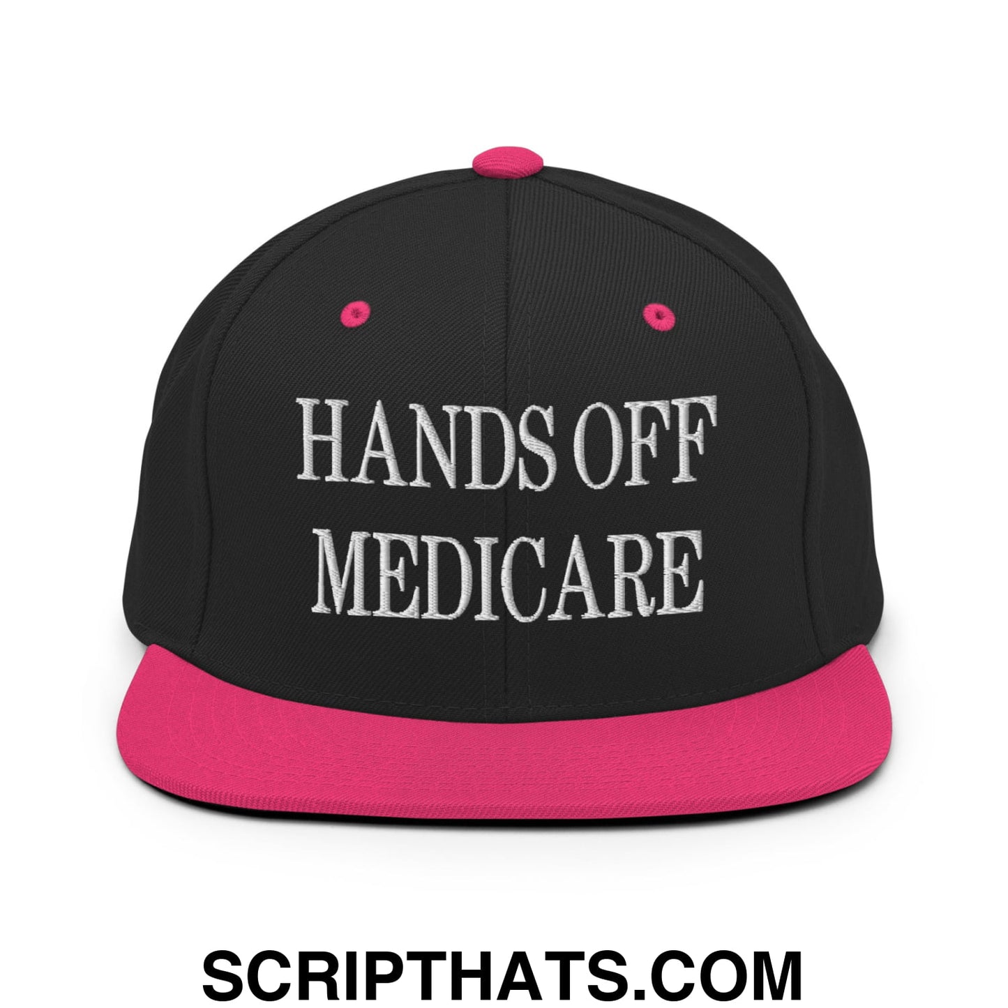 Hands Off Medicare Embroidered Flat Bill Brim Snapback Hat Black Neon Pink