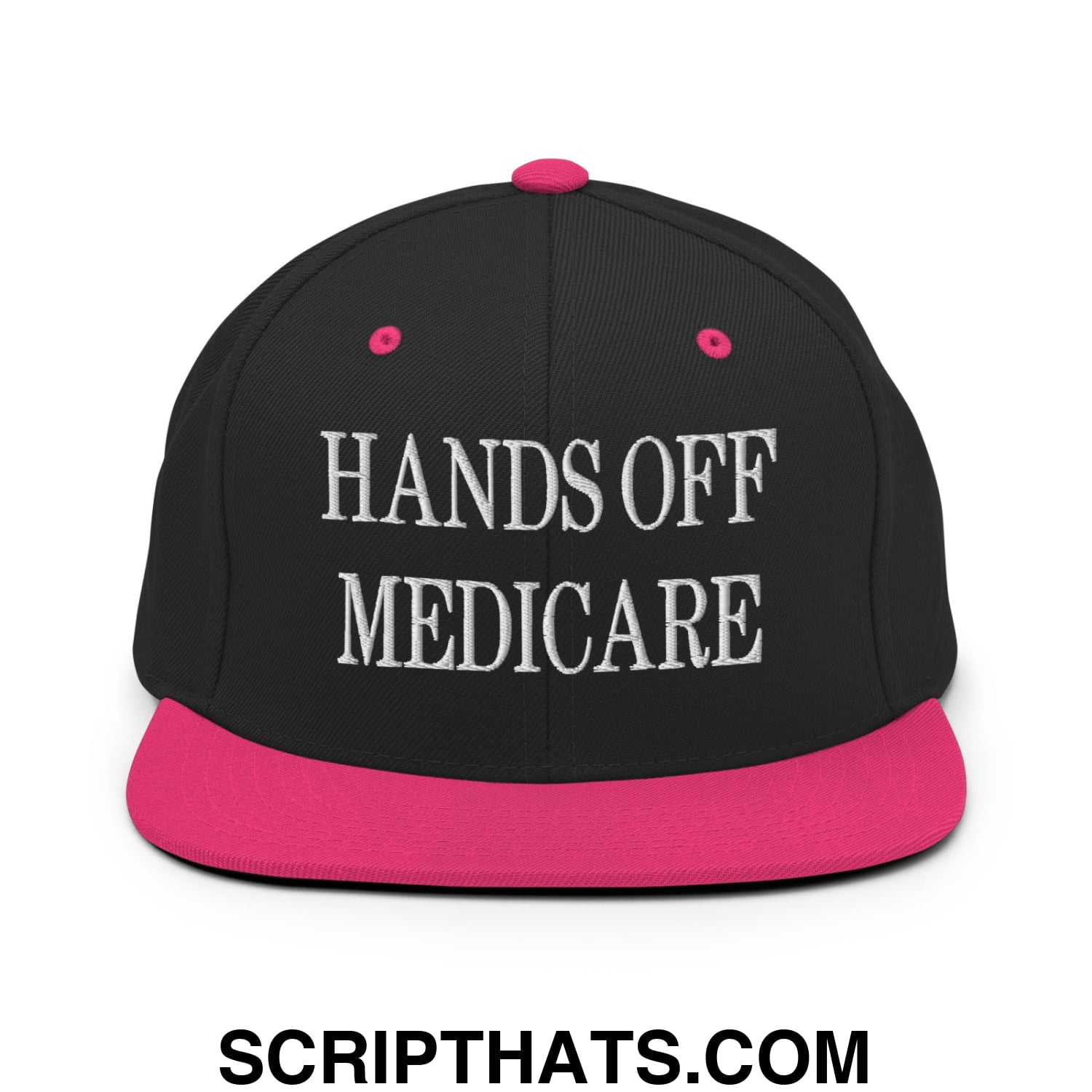 Hands Off Medicare Embroidered Flat Bill Brim Snapback Hat Black Neon Pink