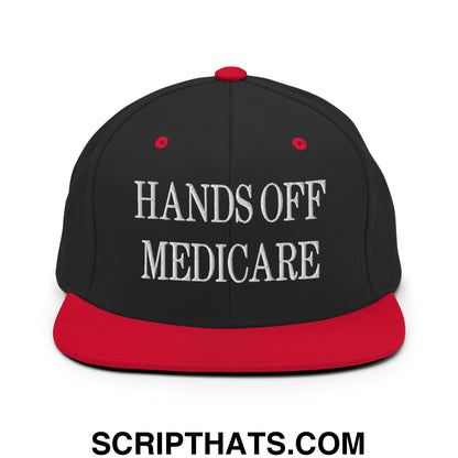 Hands Off Medicare Embroidered Flat Bill Brim Snapback Hat Black Red