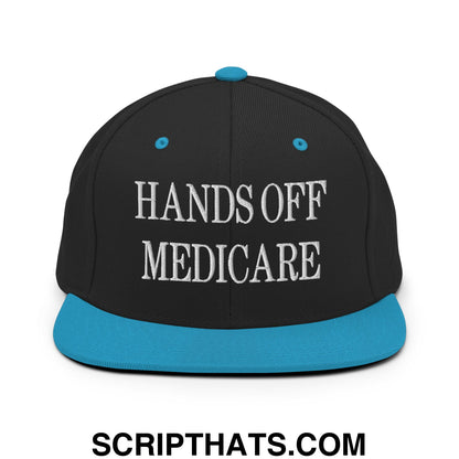 Hands Off Medicare Embroidered Flat Bill Brim Snapback Hat Black Teal