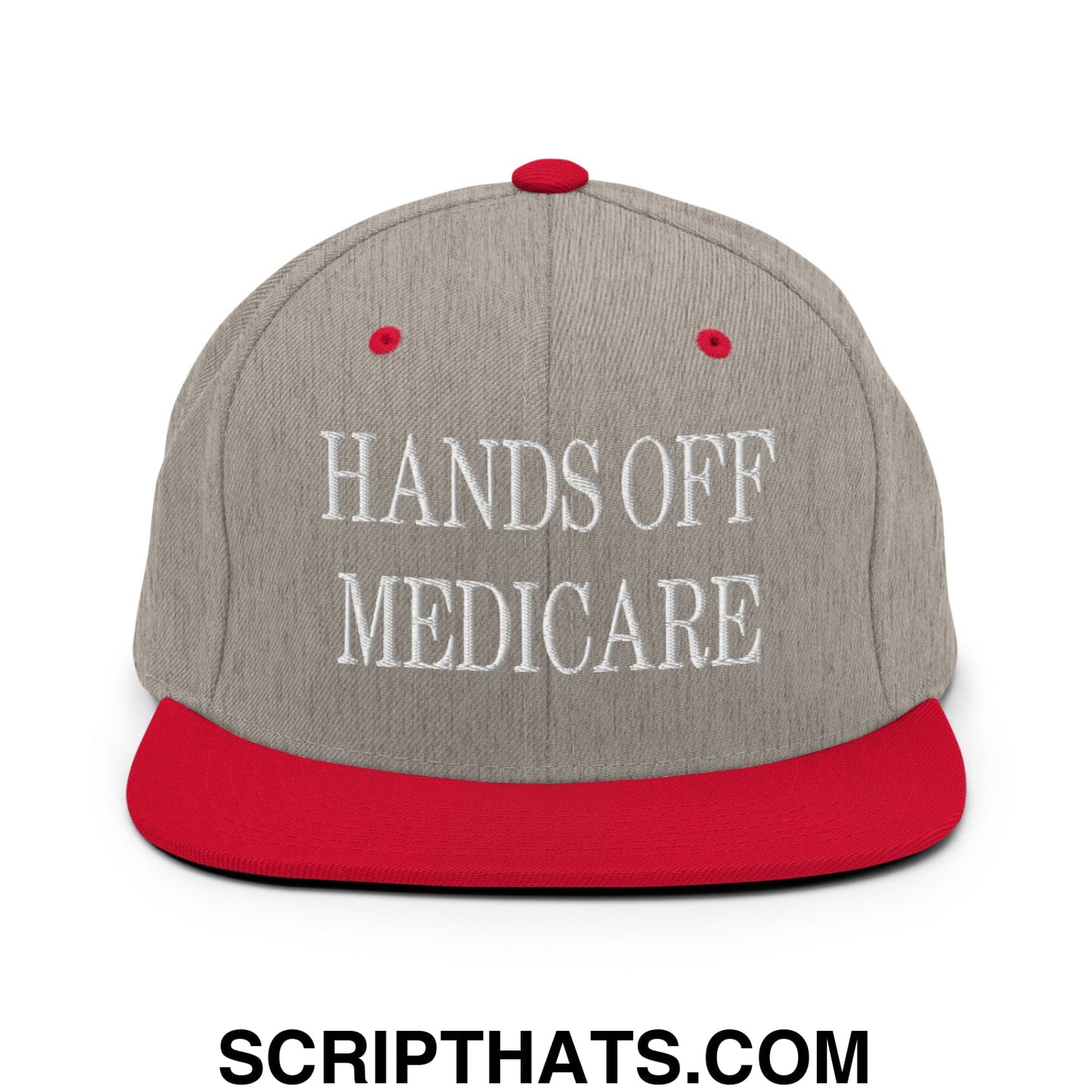 Hands Off Medicare Embroidered Flat Bill Brim Snapback Hat Heather Grey Red