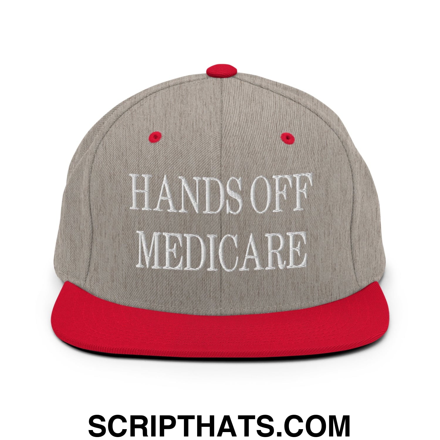 Hands Off Medicare Embroidered Flat Bill Brim Snapback Hat Heather Grey Red