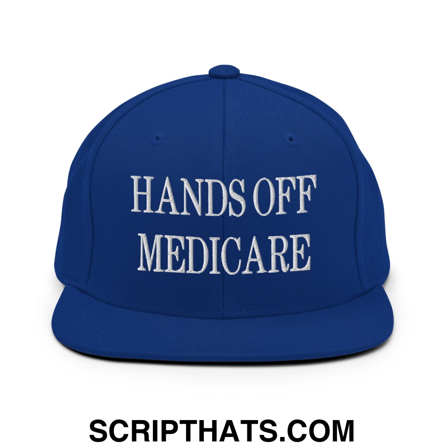 Hands Off Medicare Embroidered Flat Bill Brim Snapback Hat Royal Blue