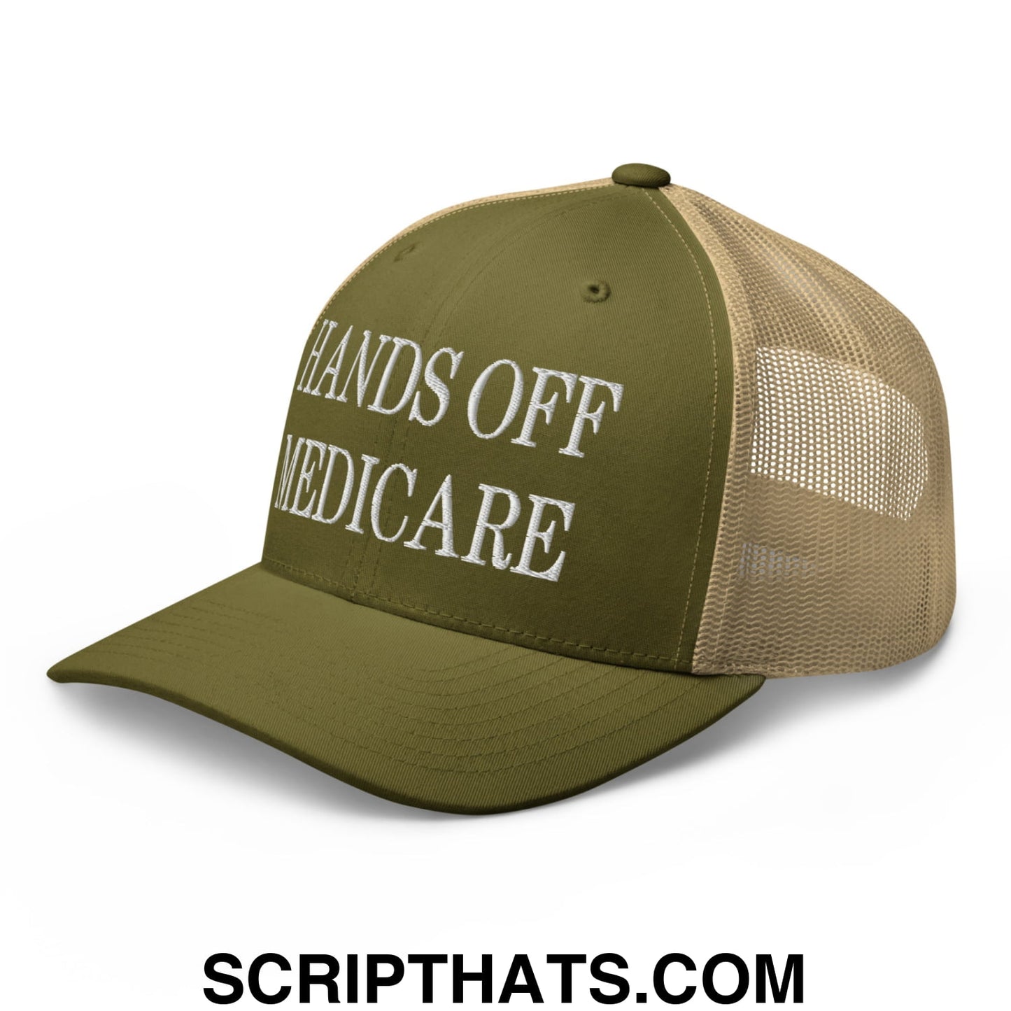 Hands Off Medicare Embroidered Mesh Trucker Hat Moss Khaki