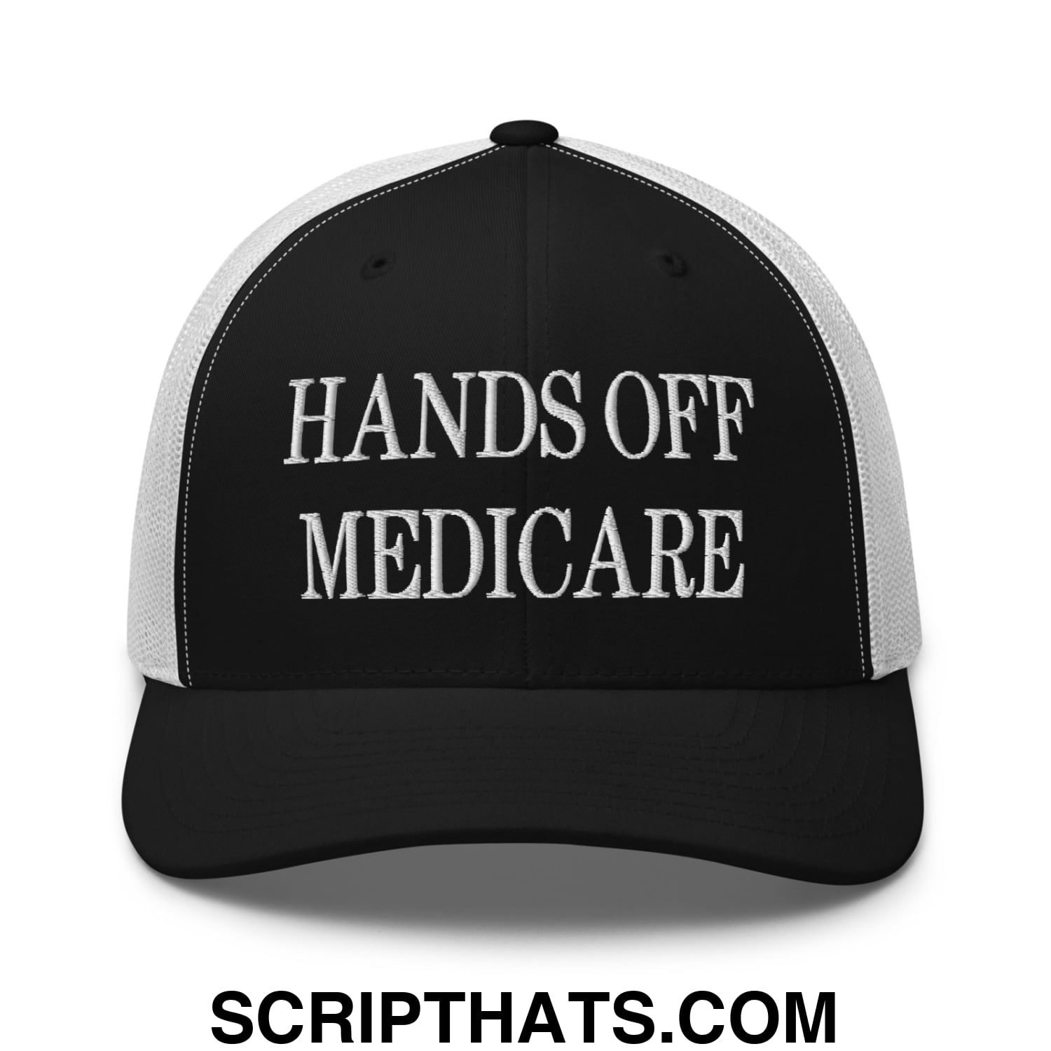 Hands Off Medicare Embroidered Mesh Trucker Hat Black White
