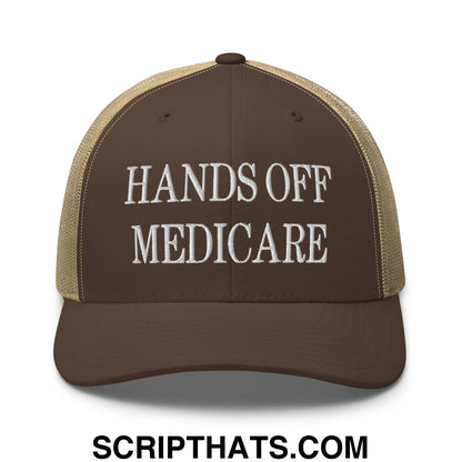Hands Off Medicare Embroidered Mesh Trucker Hat Brown Khaki