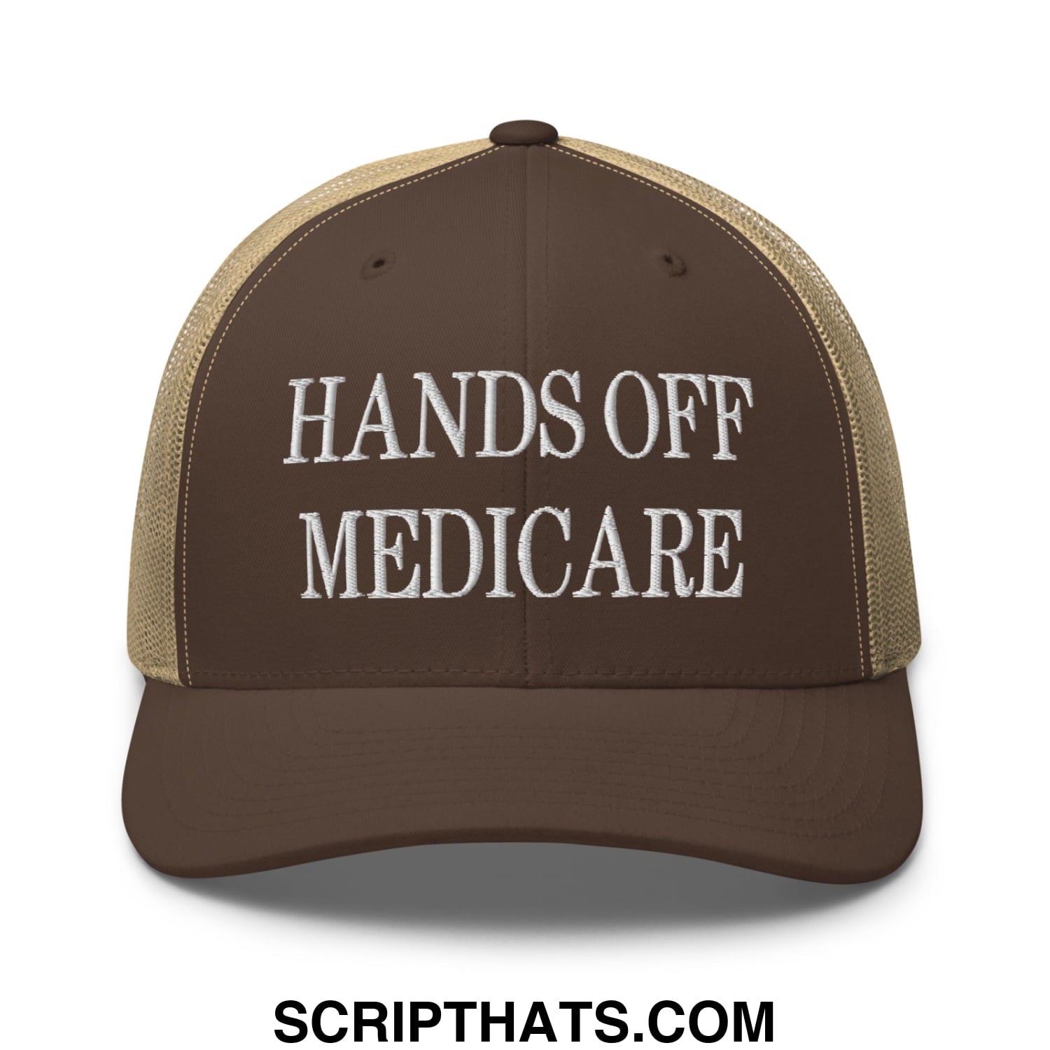 Hands Off Medicare Embroidered Mesh Trucker Hat Brown Khaki