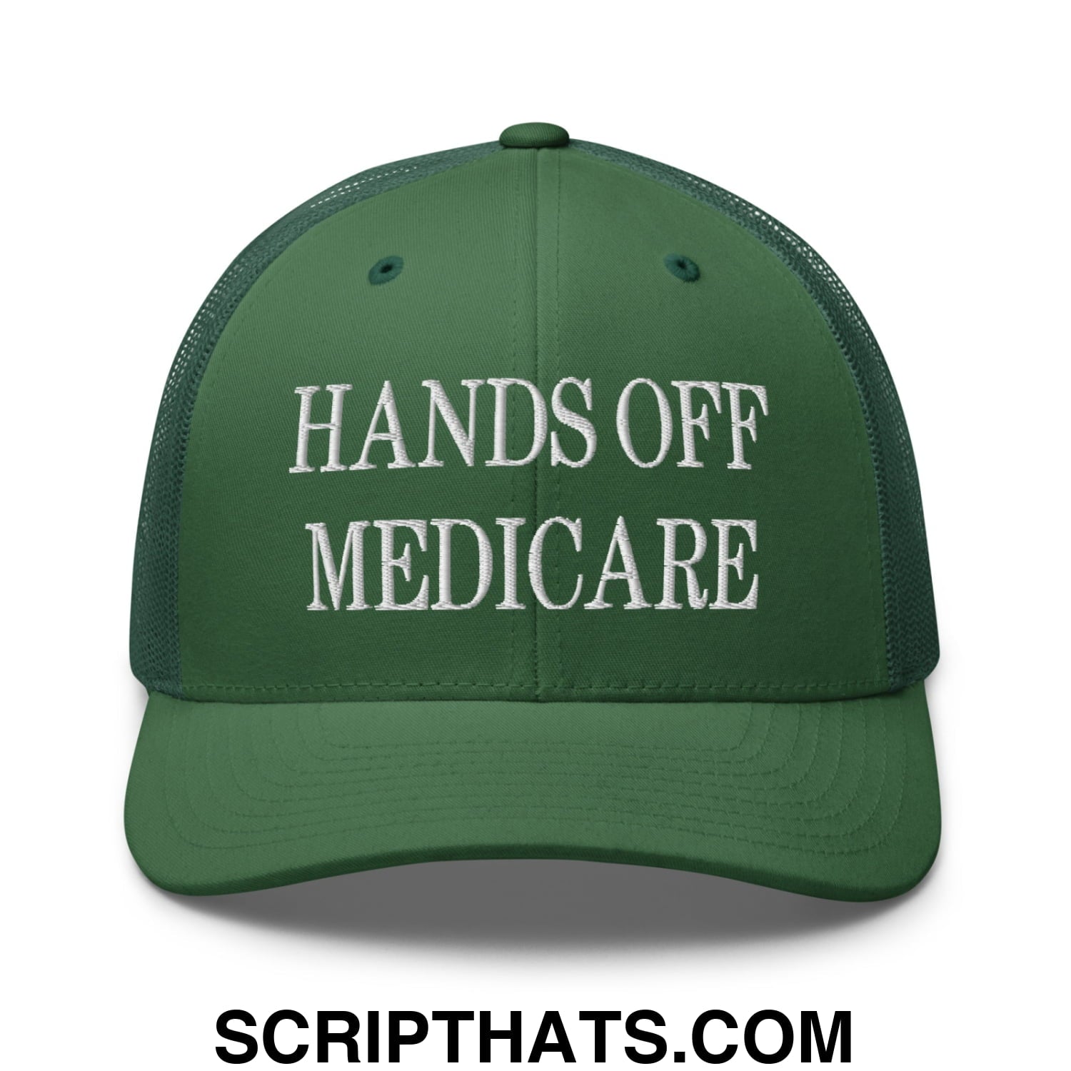 Hands Off Medicare Embroidered Mesh Trucker Hat Evergreen