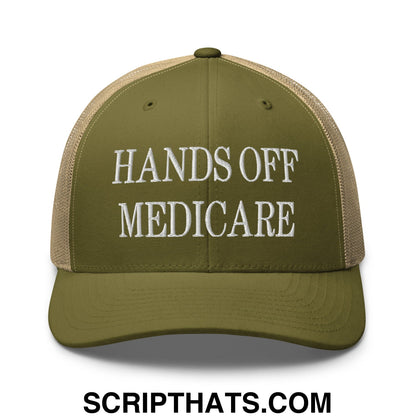Hands Off Medicare Embroidered Mesh Trucker Hat Moss Khaki