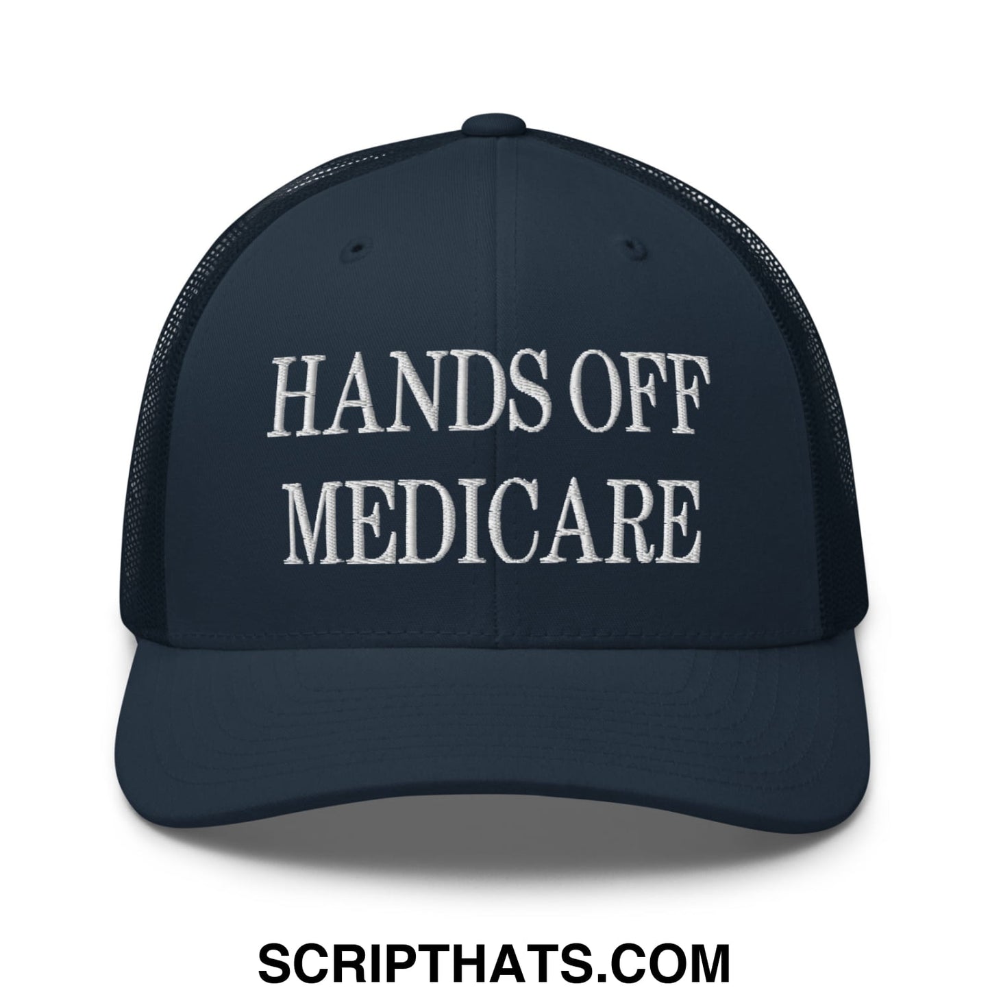 Hands Off Medicare Embroidered Mesh Trucker Hat Navy