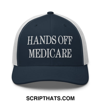 Hands Off Medicare Embroidered Mesh Trucker Hat Navy White