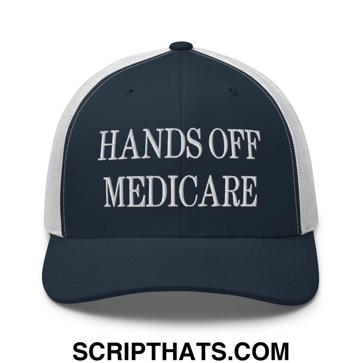 Hands Off Medicare Embroidered Mesh Trucker Hat Navy White
