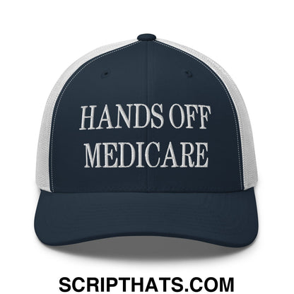 Hands Off Medicare Embroidered Mesh Trucker Hat Navy White