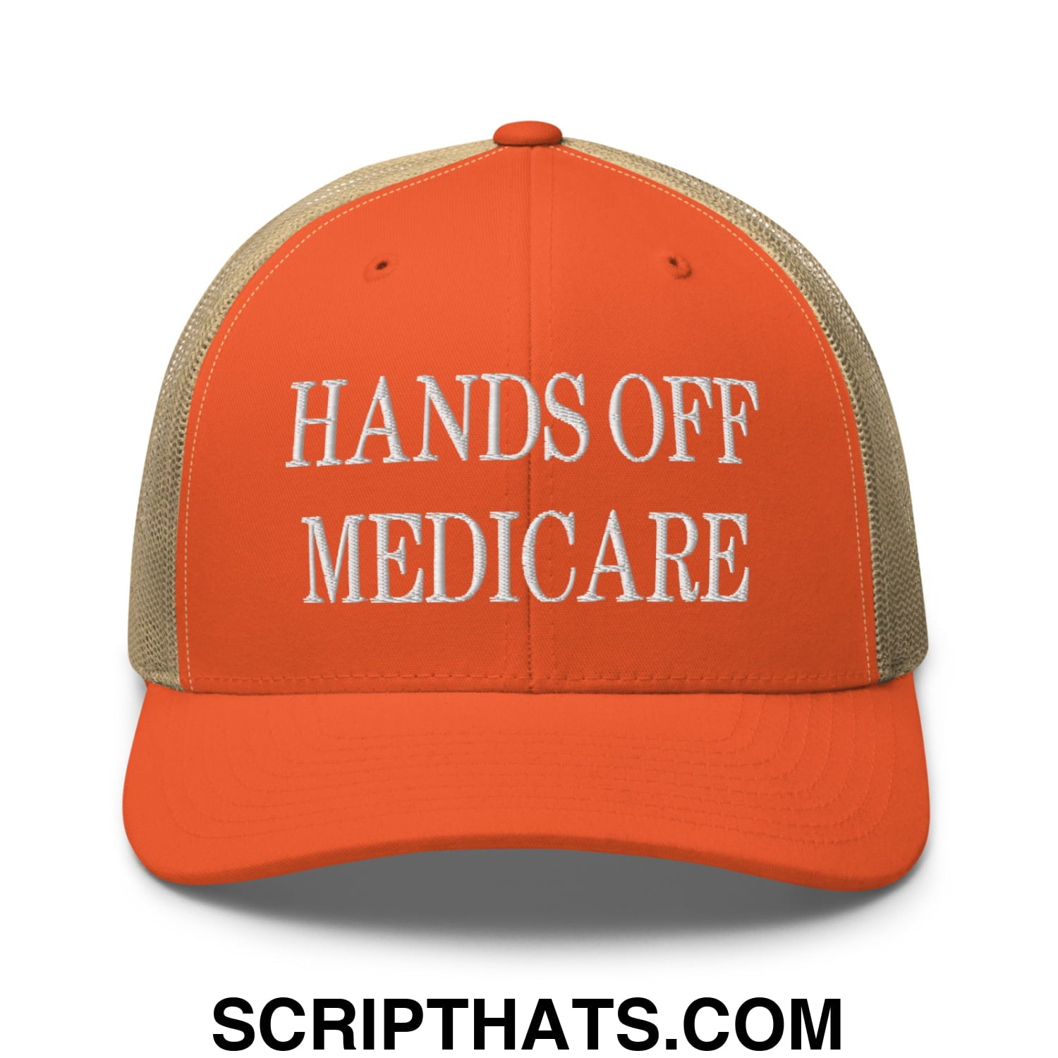Hands Off Medicare Embroidered Mesh Trucker Hat Rustic Orange Khaki