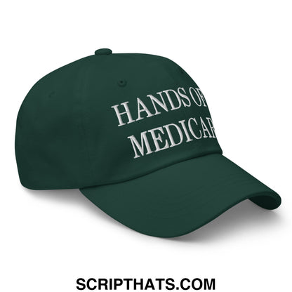 Dark green unstructured dad hat with white embroidered hands of medicare text for casual wear