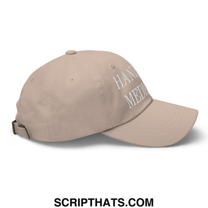 Beige hands off medicare embroidered unstructured dad hat with white hand media text on front panel