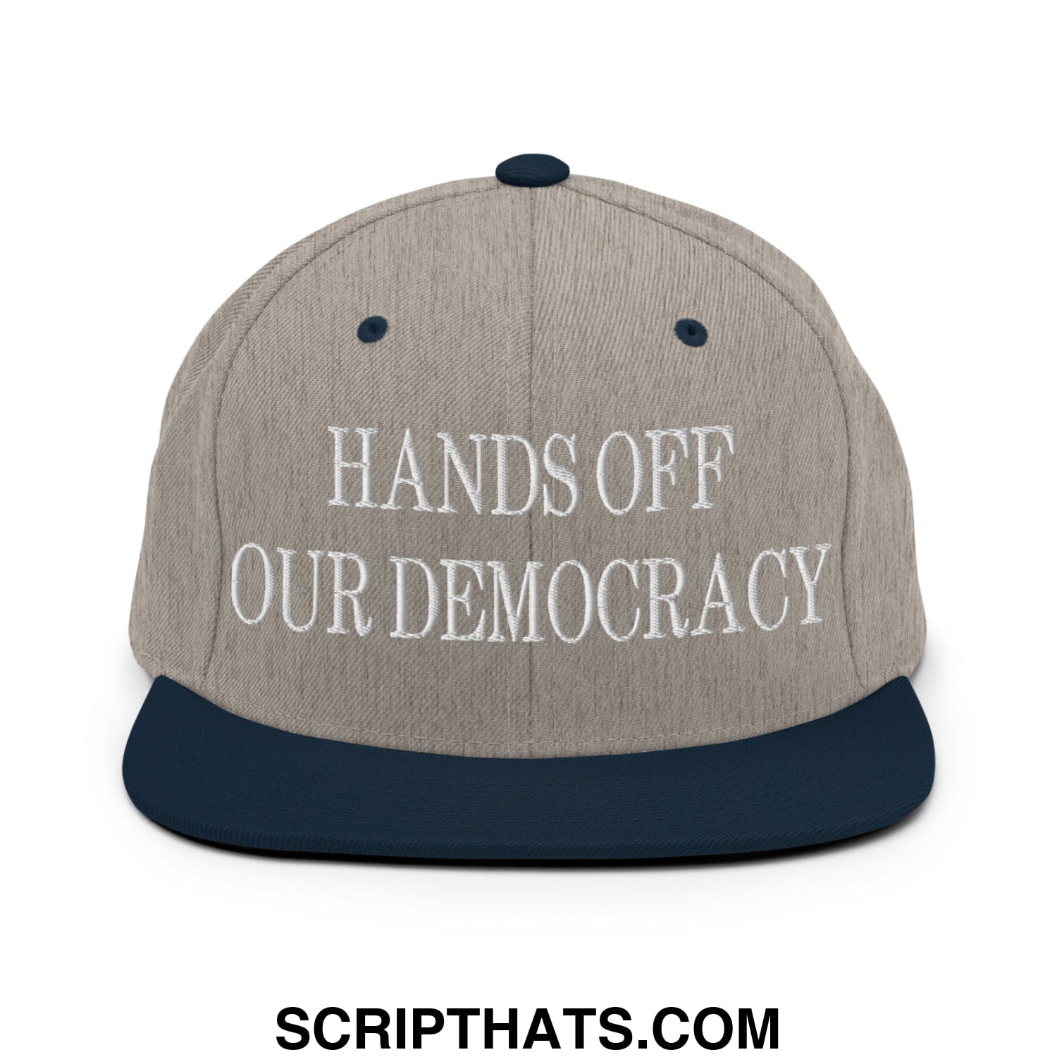 Hands Off Our Democracy Embroidered Flat Bill Brim Snapback Hat Heather Grey Navy