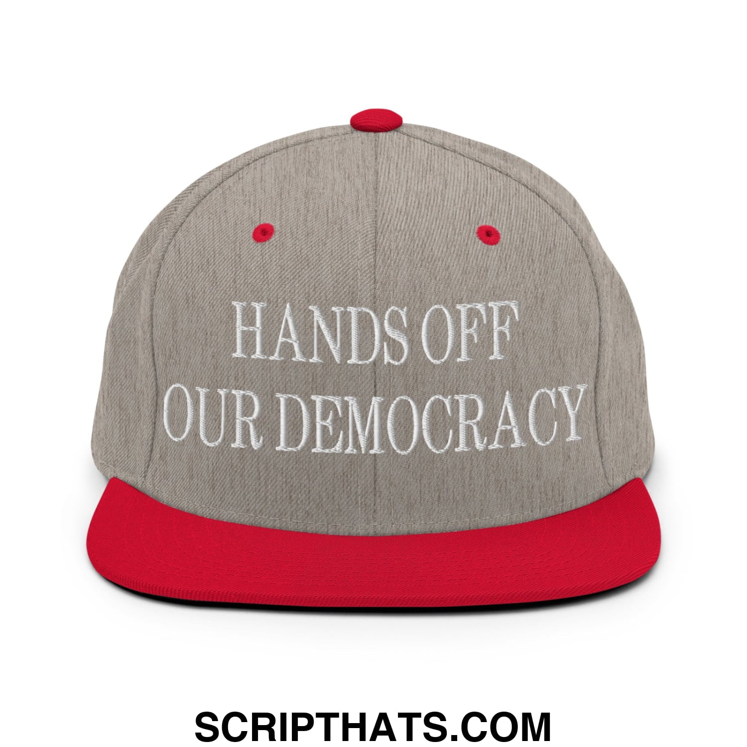 Hands Off Our Democracy Embroidered Flat Bill Brim Snapback Hat Heather Grey Red
