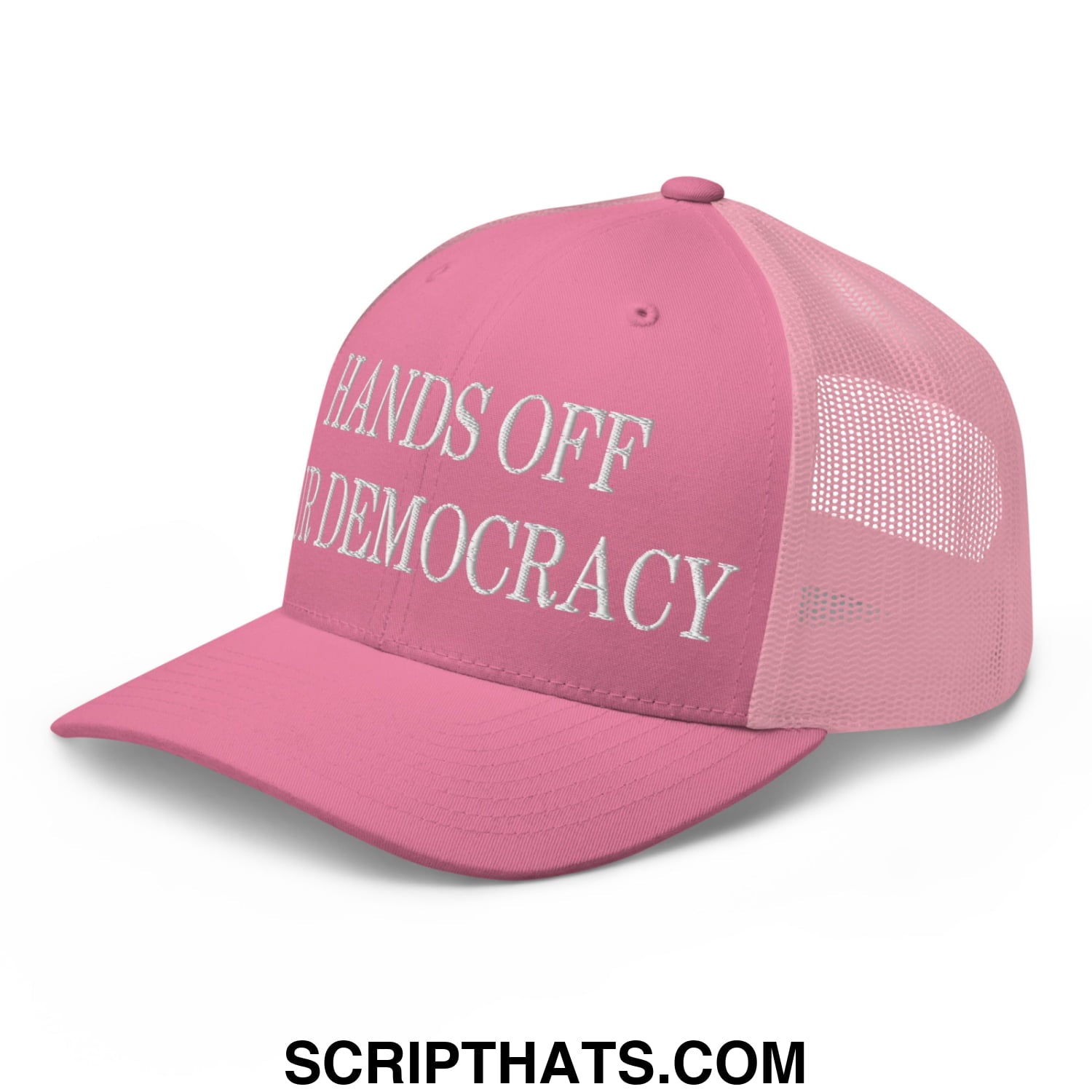 Pink mesh trucker hat with white embroidered hands off democracy text on front panel for casual wear