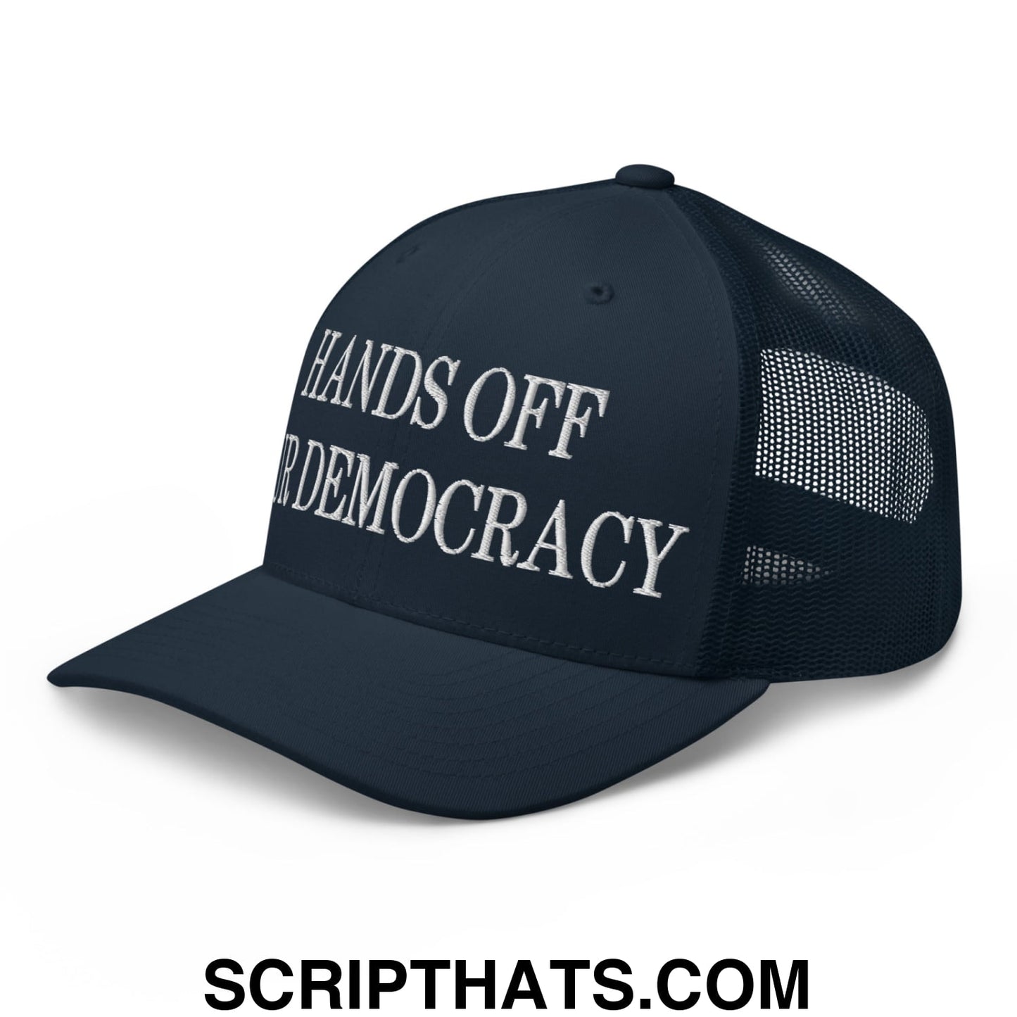 Hands Off Our Democracy Embroidered Mesh Trucker Hat Navy