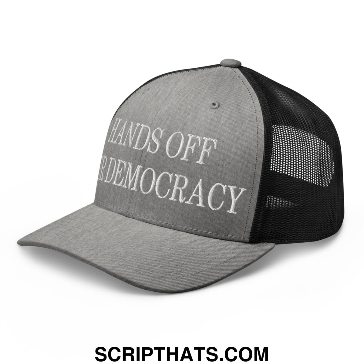 Gray and black mesh trucker hat with hands off democracy embroidered in white on the front panel