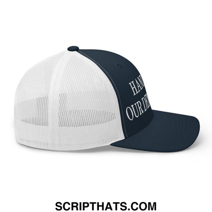 Navy blue and white mesh trucker hat with hands off our democracy embroidered text on front panel