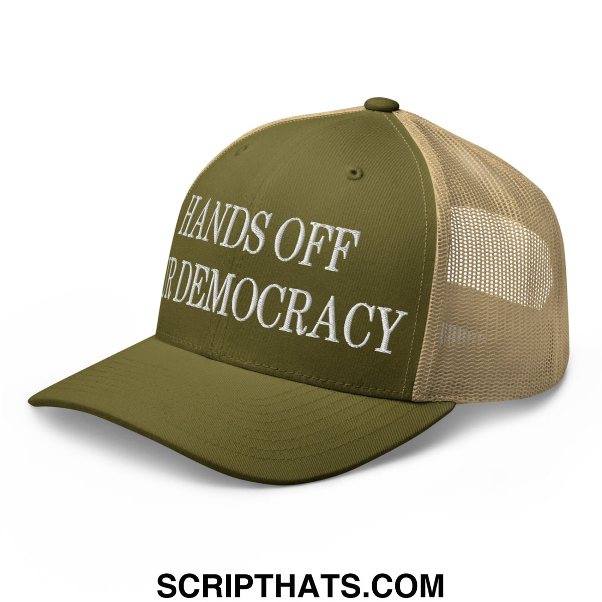 Olive green and tan mesh trucker hat with white embroidered hands off democracy text front view
