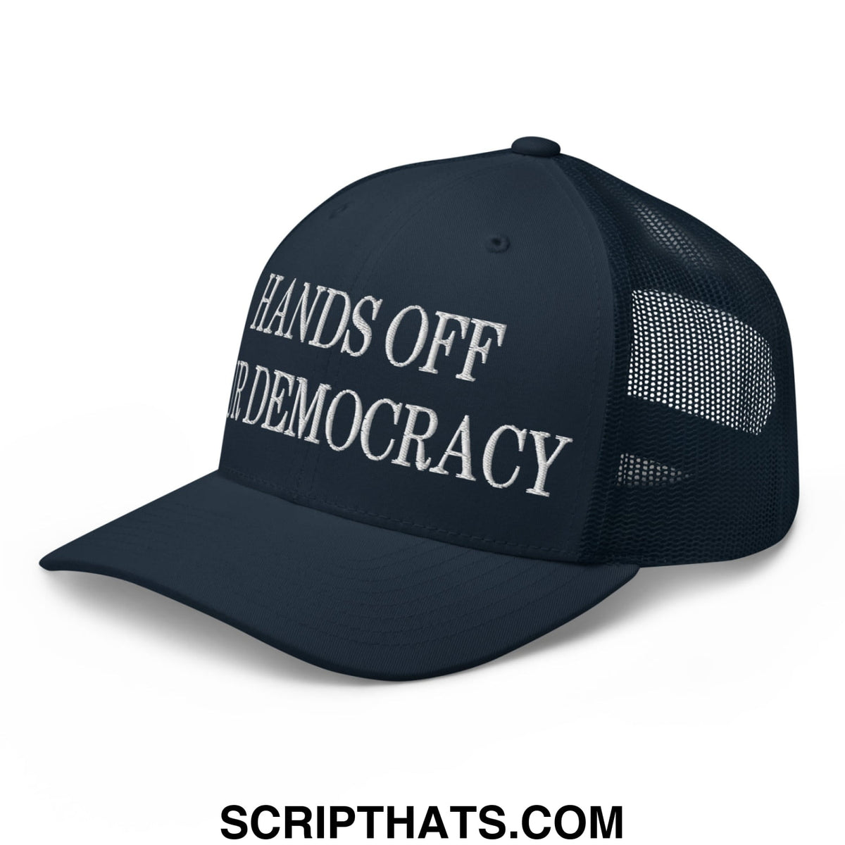 Dark navy mesh trucker hat with white embroidered hands off democracy text on front panels